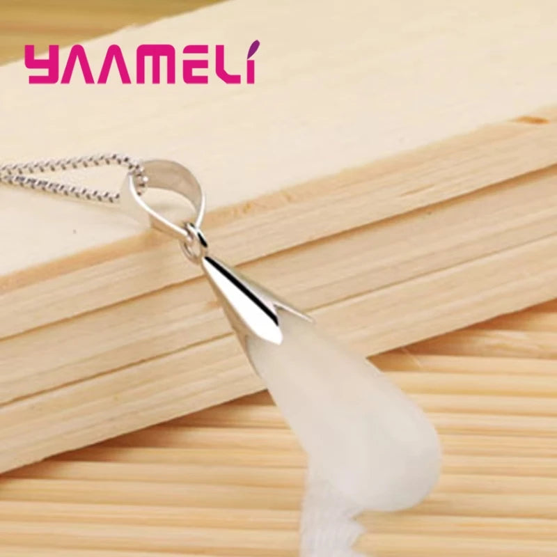 Pure Jewelry Set Simple 925 Sterling Silver Color White Pink Water Drop Opal Cat Eye Stone Pendant Necklace/Hook Earrings/Chain