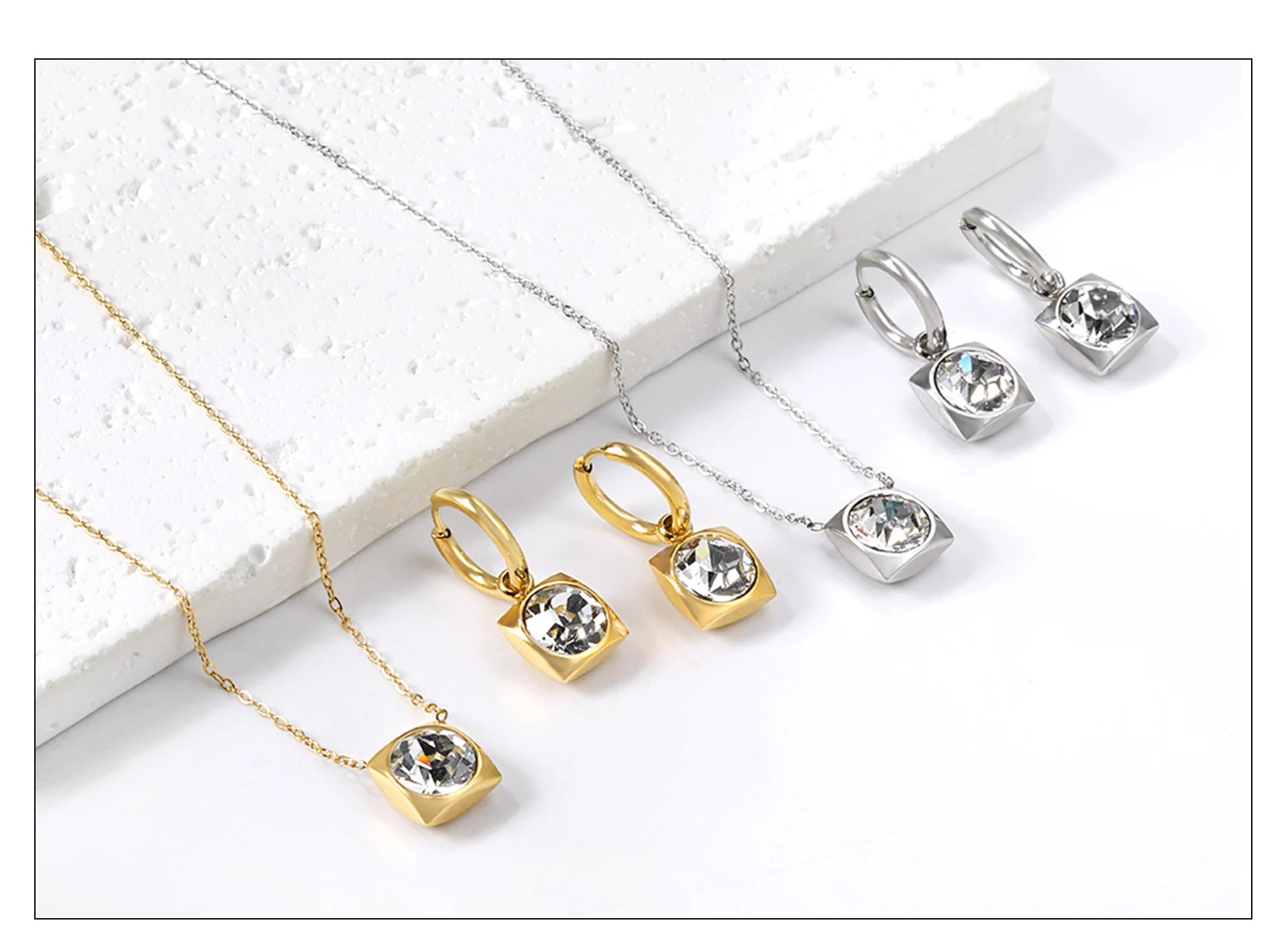 Conjunto Pingentes Colar e Brinco Zircônia Cúbica Aço Inoxidável