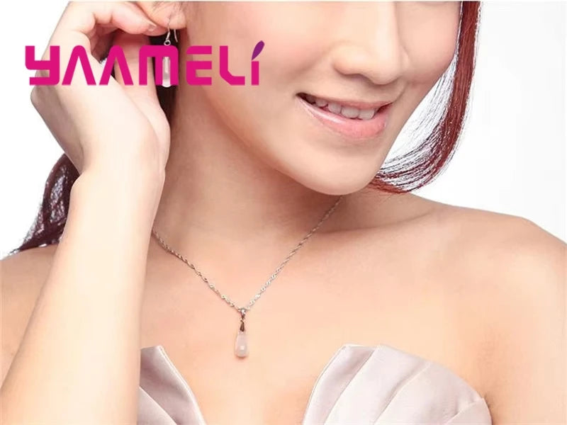 Pure Jewelry Set Simple 925 Sterling Silver Color White Pink Water Drop Opal Cat Eye Stone Pendant Necklace/Hook Earrings/Chain