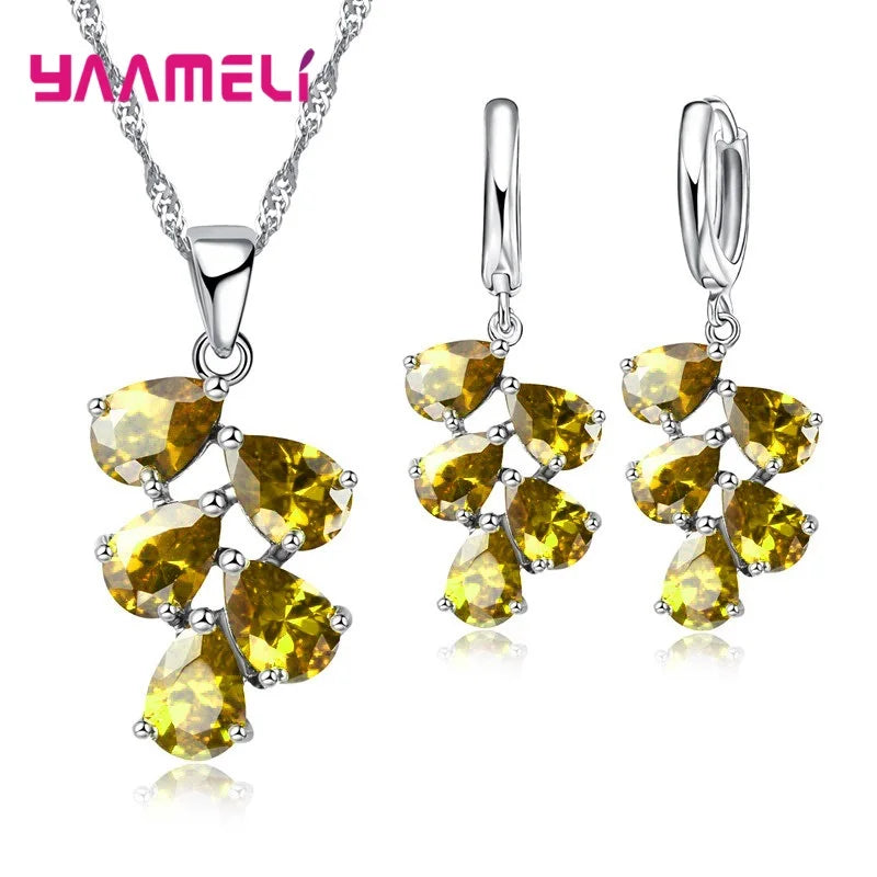 Anniversary Gift For Women Trendy 925 Sterling Silver Color Jewelry Sets Cubic Zirconia Pendants Necklaces Charm Hoop Earrings