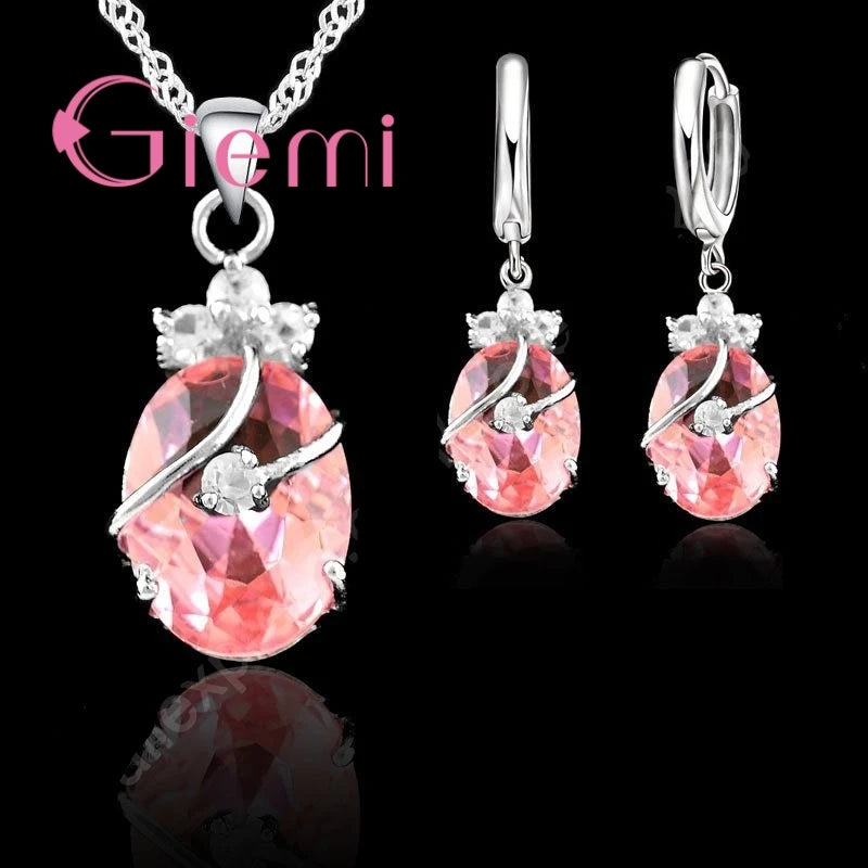 New Arrival S925 Stamped Silver Color Jewelry Sets Charming Oval Crystal Stone Flower Pendant Necklace Loop Earrings