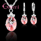 New Arrival S925 Stamped Silver Color Jewelry Sets Charming Oval Crystal Stone Flower Pendant Necklace Loop Earrings