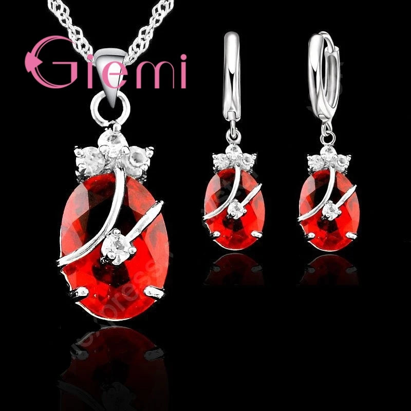 New Arrival S925 Stamped Silver Color Jewelry Sets Charming Oval Crystal Stone Flower Pendant Necklace Loop Earrings