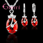 New Arrival S925 Stamped Silver Color Jewelry Sets Charming Oval Crystal Stone Flower Pendant Necklace Loop Earrings