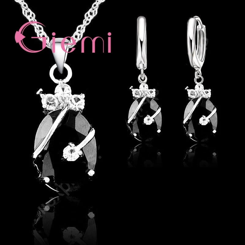 New Arrival S925 Stamped Silver Color Jewelry Sets Charming Oval Crystal Stone Flower Pendant Necklace Loop Earrings