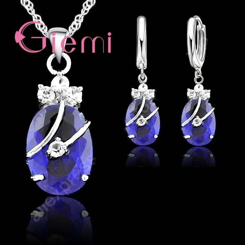 New Arrival S925 Stamped Silver Color Jewelry Sets Charming Oval Crystal Stone Flower Pendant Necklace Loop Earrings